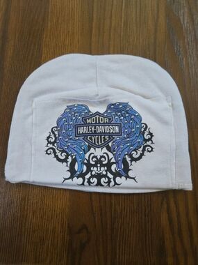 Y2K HARLEY BEANIE hand stitched white beanie with blue graphic design - SMALL